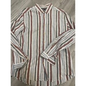 PULL&BEAR Mens Relaxed Fit Striped Long Sleeve Button Down Shirt Green Blue L